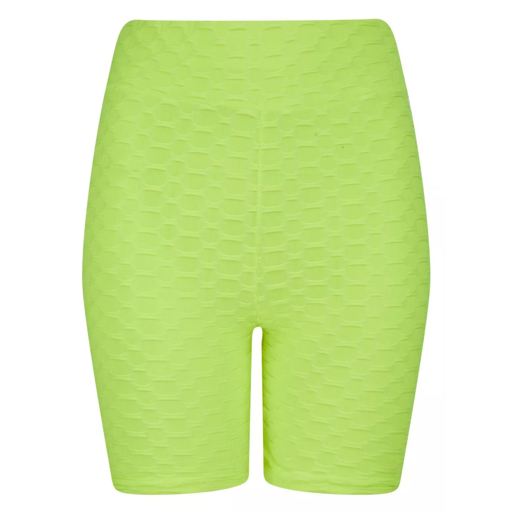 Ladies' high-waisted green TikTok shorts with textured ruched design – figure-hugging slimming gym and workout shorts